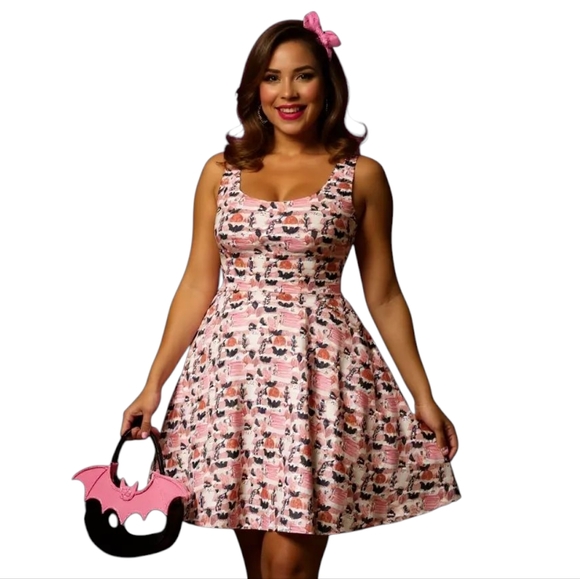Stripe Bats Ghosts Halloween Flare Pin Up Dress - Picture 1 of 16